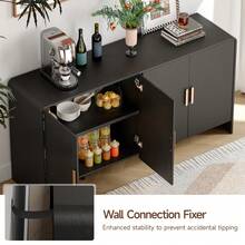 ONBRILL 60" Sideboard Buffet Cabinet With Storage, Curved Design Farmhouse Coffee Bar Cabinet With 4 Doors & Adjustable Shelves, Mid-Century Modern Sideboard Cabinet For Living Room, Kitchen, Hallway, Black - 黑色 - 查看 9
