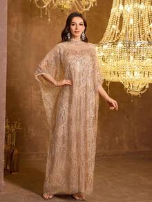 SUPGIR Women's Mandarin Collar Long Sleeve Handmade Rhinestone Satin Evening Dress - Champagne - View 6