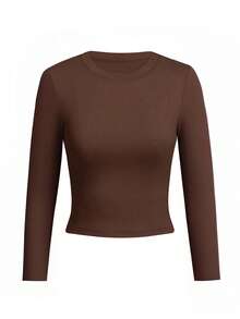 3 piezas Camisetas de manga larga con cuello redondo para mujer, tops casuales ajustados y cortos de unicolor de moda para el verano - Multicolor - Ver 2