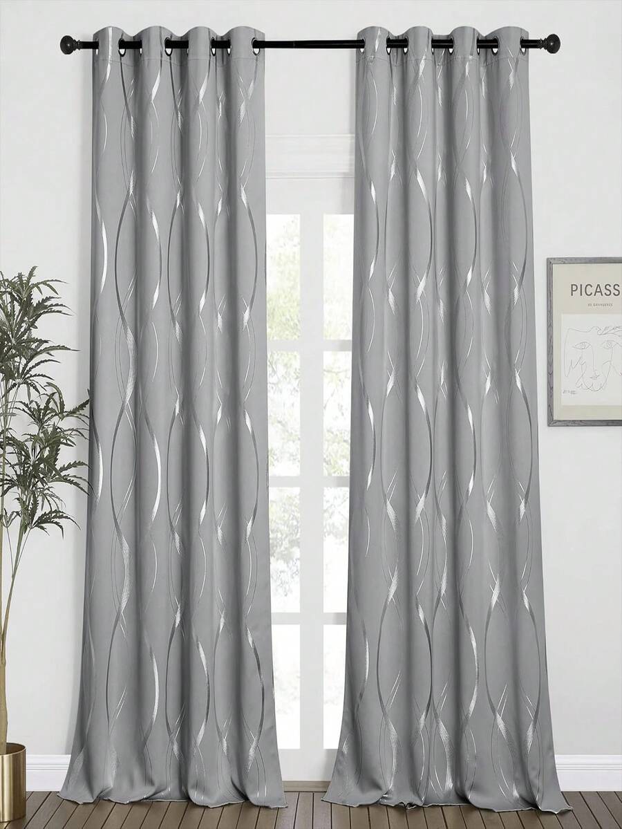 1pc Luxury Embossed High Blackout Curtain, Metal Rings Top Design, Thick & Warm For Winter, High Blackout For Summer - Light Grey - View 1