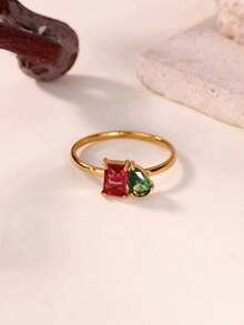 定制款诞生石水滴心形不锈钢戒指，适合女性/女友，个性化宝石18K镀金防锈戒指，结婚纪念日珠宝配饰，情人节和母亲节礼物 - 彩色 - 查看 16