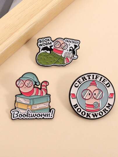 一套认证书虫珐琅徽章，梦幻书虫胸针翻领徽章，书呆子书籍读者饰品，送给朋友的礼物