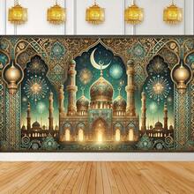 1 Set Of Eid And Diwali Decorations, Featuring Blue-Green Islamic Designs With Golden Stars, Crescent Moons, And Lanterns. This Polyester Backdrop Is Ideal For Photo Booths. - Multicolor - View 4