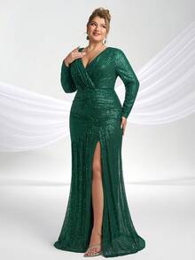 YISIKADO Plus Size V-Neck Long Sleeve Sequin Decor Mermaid Maxi Dress - Dark Green - View 5