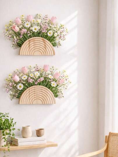 1pc/2pcs Bohemian Crescent Shape Wooden Wall Planter,Rainbow Arch Wall Mounted Flower Holder, Boho Farmhouse Wall Decor, Artificial Floral Arrangement Display, Living Room & Bedroom Accent, Neutral Tone Home Decor, Handcrafted Wall Hanging Planter, Minimalist Bohemian Home Decor, Gift For Boho Home Enthusiasts