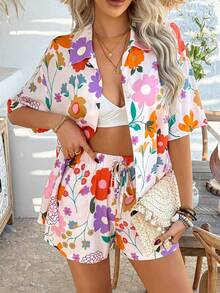 Ropa de mujer de primavera, otoño e invierno 2026 ropa de ocio y vacaciones estilo de choque de colores estampado conjunto de pantalones cortos - Base de flores azules y amarillas - Ver 6