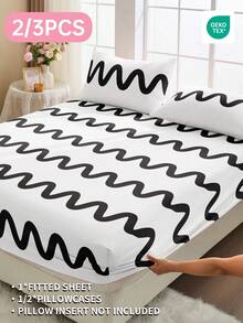 2/3-teiliges Spannbetttuch Set, Bettwäsche, Matratzenschoner, Bettdecke, Bettlaken, Heimdekoration, bequemes Heimtextil, atmungsaktiver Anti-Pilling Matratzenschoner, weich & hautfreundlich, bequeme Schlafzimmer Bettwäsche, modischer Matratzenbezug, Matratzenschoner Vollgröße, weiße Basis mit schwarzem wellenförmigem Muster - Verschiedenfarbig - Übersicht 1