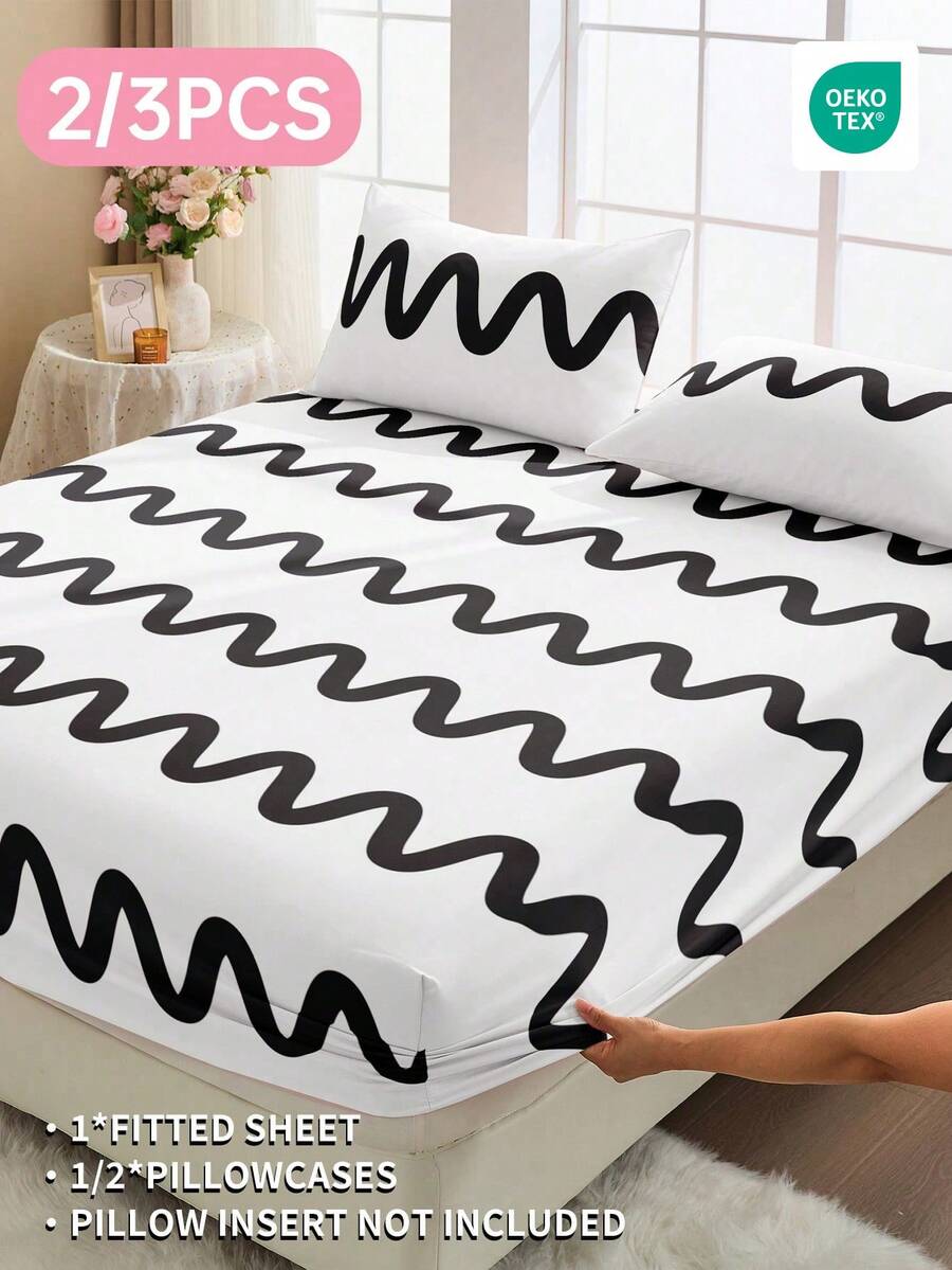 2/3-teiliges Spannbetttuch Set, Bettwäsche, Matratzenschoner, Bettdecke, Bettlaken, Heimdekoration, bequemes Heimtextil, atmungsaktiver Anti-Pilling Matratzenschoner, weich & hautfreundlich, bequeme Schlafzimmer Bettwäsche, modischer Matratzenbezug, Matratzenschoner Vollgröße, weiße Basis mit schwarzem wellenförmigem Muster - Verschiedenfarbig - Übersicht 1