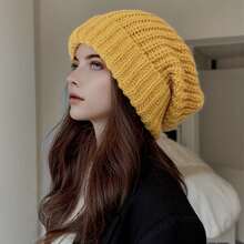 Women's Winter Loose Knitted Hat - Slim Beige, Mustard Yellow, Black | Soft Knitted Winter Hat With Earmuffs, Machine Washable | Pregnant And Daily Hats, Suitable For Christmas, New Year, Valentine's Day | Korean Fashion Beige And Mustard Yellow Available | Lightweight Warm Knitted Hat, Suitable For Women, Knitted Hat, Thick Winter Hat, Winter Hat - 黃色 - 查看 3