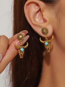 1 Pair Retro Western Style Oval Textured Alloy Bull Head Earrings With Turquoise Stones, Suitable For Daily Wear - 1828 Ancient Gold - View 1