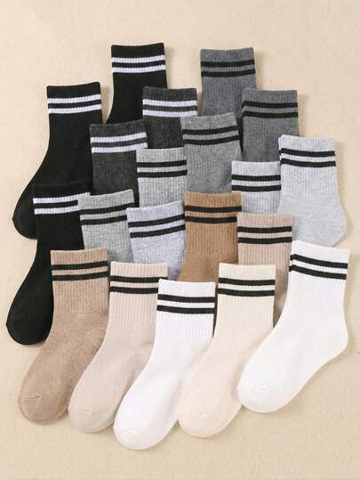 20 Pairs Kids Crew Socks, Round Neck Socks, Sports Socks, Suitable For New School Term Running, With Parallel Stripe Design, Suitable For Daily Wear, Unisex For Boys & Girls, Fits Ages 1-16, Suitable For All Seasons, Breathable Soft & Comfortable