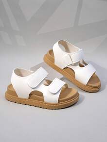 1 Pair Little Boys' Shoes With White Geometric Hollow Out Double Straps, Comfortable Material With Exposed Toes, Double Straps With Buckles, Thick Sole, Lightweight, Anti Slip, Breathable, Casual, Daily Style Sandals, Family Gatherings/Weekend Outings - White - View 6