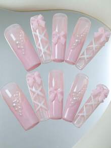 CrystalHola Valentine's Day : 10 Handmade Press-On Nail Stickers, French Square Long Nails, Pink Ballet Pearl Style With Bow, Full Coverage, Removable And Reusable, Long-Lasting And Durable, Unique Summer Nail Art, A Must-Have Fashion Accessory For Parties And Weddings. Nail Supplies - Multicolor - View 1