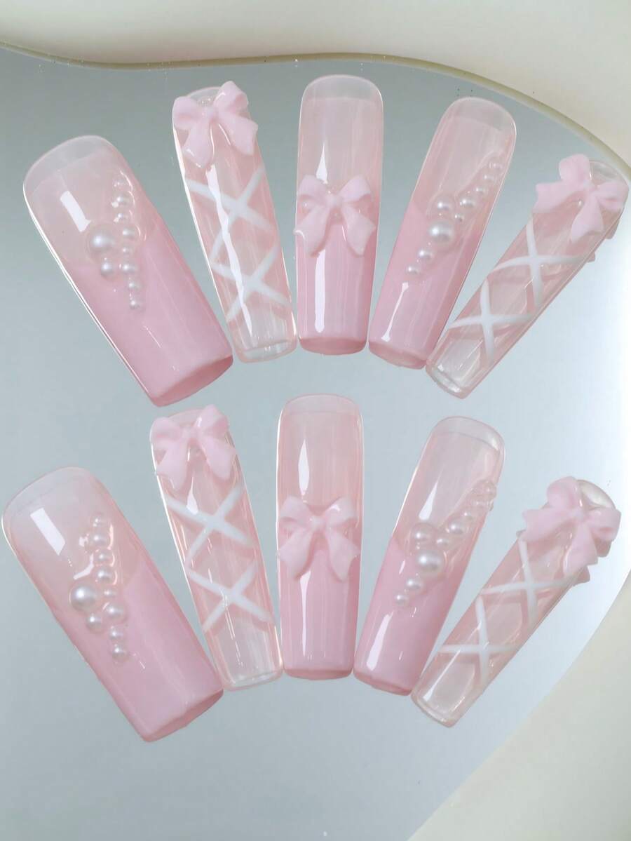 CrystalHola Valentine's Day : 10 Handmade Press-On Nail Stickers, French Square Long Nails, Pink Ballet Pearl Style With Bow, Full Coverage, Removable And Reusable, Long-Lasting And Durable, Unique Summer Nail Art, A Must-Have Fashion Accessory For Parties And Weddings. Nail Supplies - Multicolor - View 1