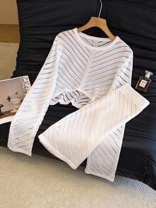 女士优雅短袖镂空套头衫和修身迷你裙两件套针织套装，时尚休闲海滩度假装 - 白色 - 查看 4