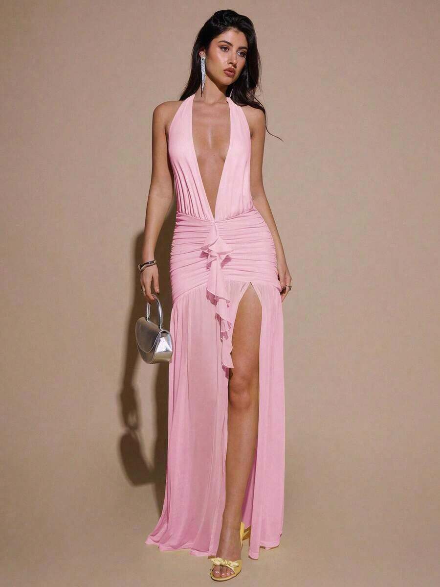 2026BAE Sexy Minimalist Solid Yellow Cream Deep V-Neck Halter Bodycon Ruched Fitted Women's Maxi Mesh Dress, Suitable For Party, Cocktail, Formal Occasions, Bridesmaid, Birthday, Business Casual, Elegant Women Maxi Dress,Valentine's Day,Valentine Fits For WomenLoose And Comfortable,Casual And Easy-Goin - 珊瑚粉 - 查看 1