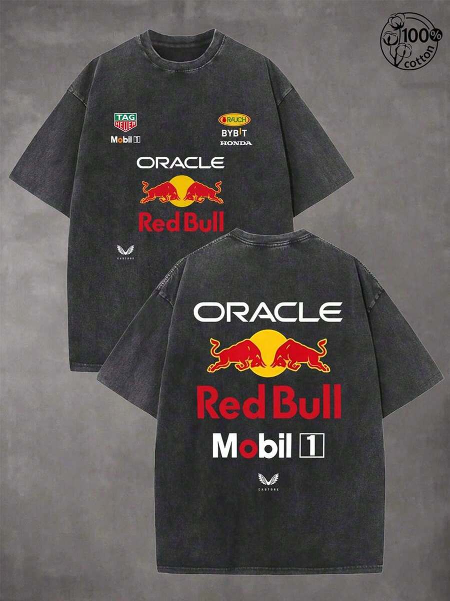 Oracle Red Bull Racing T-Shirt, Red Bull F1 Team Racing Unisex T-Shirt - Graphic Tees Men, 230G Washed Cotton High-Quality Cotton Printed T-Shirt; Men Clothes, Suitable For Street Retro And Outdoor Sports Leisure, Y2k Clothes, Red Bull F1 Team Racing T-Shirt, Comfortable And Fashionable, Ideal Choice For Racing Enthusiasts, Men Gifts - màu đen - Xem 1