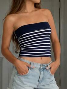 Women's Reversible Strapless Vest Stylish Striped Sleeveless Crop Tube Tops Bandeau Blouse for Party Date Night Wear - Azul - Ver 6