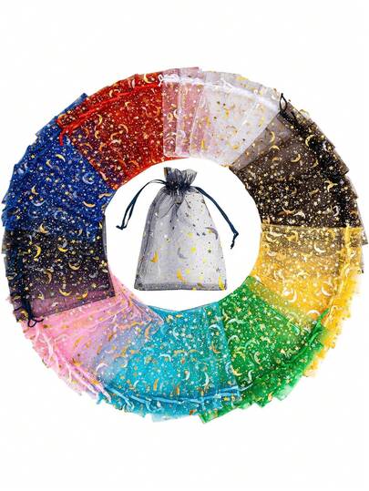 100 Pieces Moon Star Organza Jewelry Candy Bags, Random Colors Mesh Bags, Organza Favor Gift Pouches With Drawstrings For Weddings, Parties, And Valentine's Day, Ramadan Decorations, Party Decorations