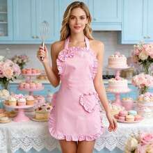 Women's Pink Kitchen Apron - Neck Tie Apron, Ruffle Trim Apron, Bow Heart Pocket, Easy Clean Cooking Apron, Cute Baking Apron, Mother's Day Gift, Valentine's Day Gift - A - View 8