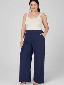Calça Pantalona Cintura Alta Feminina em Helanca com Bolsos Conforto Luxuoso e Estilo Versátil - Azul 3697258 - Visão 2