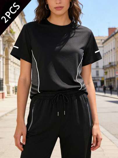 2pcs Women's Lightweight Activewear Set, Contrast Color Block Short Sleeve Top & Zipper Pocket Pants For Casual & Travel