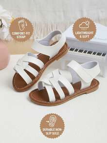 Weiße Spiral Design PU Leder Flache Sandalen für Kleinkinder, Kleine & Große Kinder, Retro Minimalistischer Einfarbiger Verschluss Mädchen Schuhe, Rutschfeste Gummi Laufsohle, Geeignet für Jungen & Mädchen im Alter von 3-16 Jahren, Frühling/Sommer 2026 Neuerscheinung - Weiss - Übersicht 1