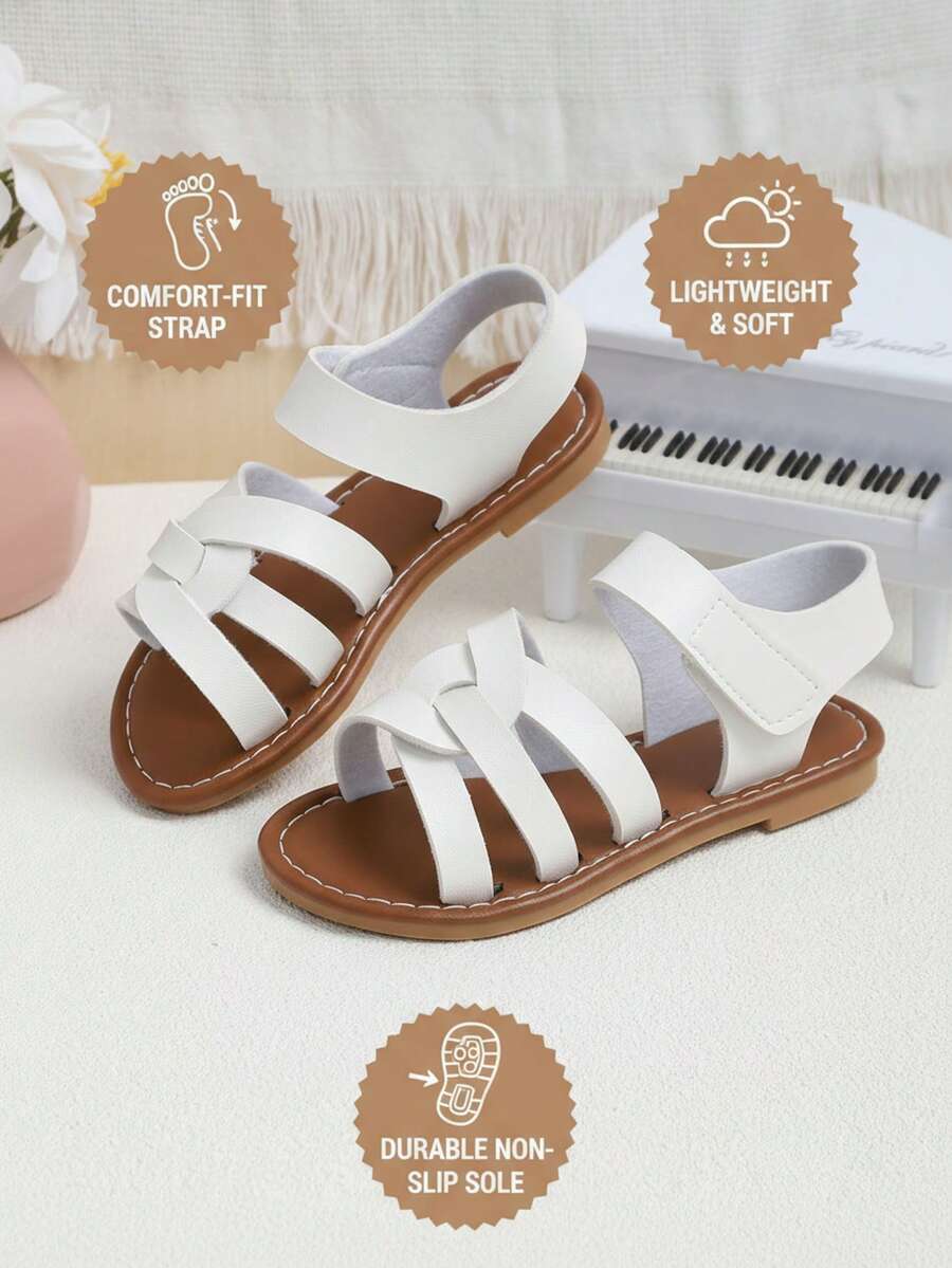 Weiße Spiral Design PU Leder Flache Sandalen für Kleinkinder, Kleine & Große Kinder, Retro Minimalistischer Einfarbiger Verschluss Mädchen Schuhe, Rutschfeste Gummi Laufsohle, Geeignet für Jungen & Mädchen im Alter von 3-16 Jahren, Frühling/Sommer 2026 Neuerscheinung - Weiss - Übersicht 1