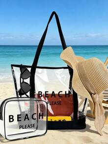 四件套沙滩手提包：印有“Beach Please”字样的透明PVC沙滩包、大容量防水INS风果冻包、春夏镂空遮阳帽、波西米亚风渔夫帽和透气针织宽檐帽。简约大容量单肩包、手提包、便携化妆包、休闲购物袋。 - 彩色 - 查看 1