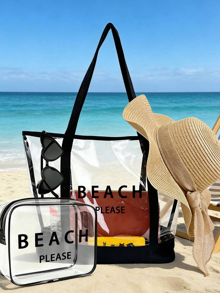 四件套沙滩手提包:印有“Beach Please”字样的透明PVC沙滩包、大容量防水INS风果冻包、春夏镂空遮阳帽、波西米亚风渔夫帽和透气针织宽檐帽。简约大容量单肩包、手提包、便携化妆包、休闲购物袋。 - 彩色 - 查看 1