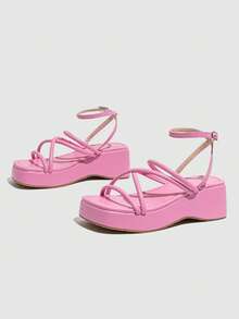 Women's Classic Leather Platform Sandals, Breathable Ankle Strap Casual Thick Sole Wedge Sandals, Pink - Pink - View 5