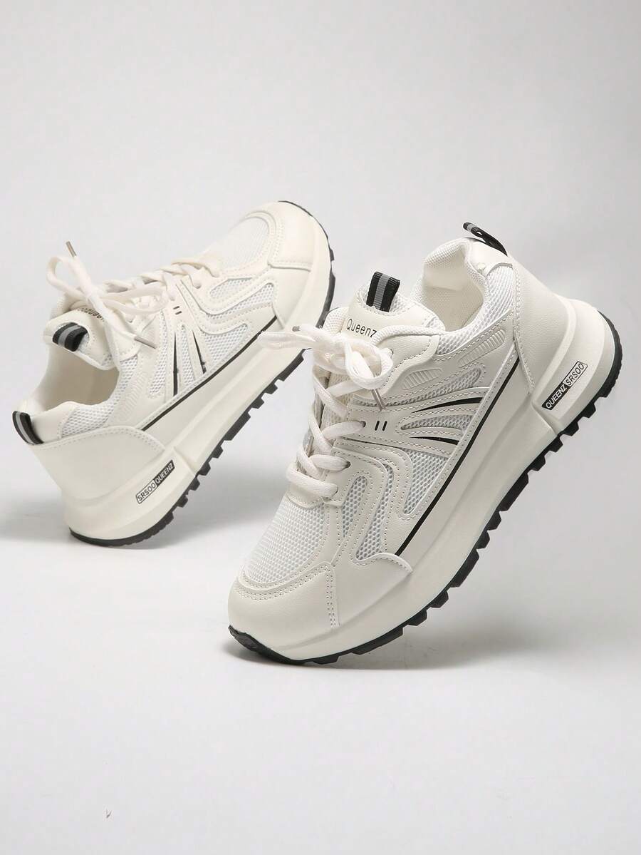 Dam Rund tå Snörning Tjock Sula Student Casual Bekväma Löparsneakers - Svart - Visa 1