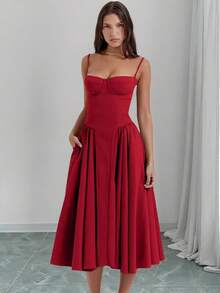 Vestido De Tirantes Con Cintura Acampanada,Versátil Y Elegante Para Citas Y Fiestas,Con Cordón De Muslo Con Abertura - Rojo - Ver 3