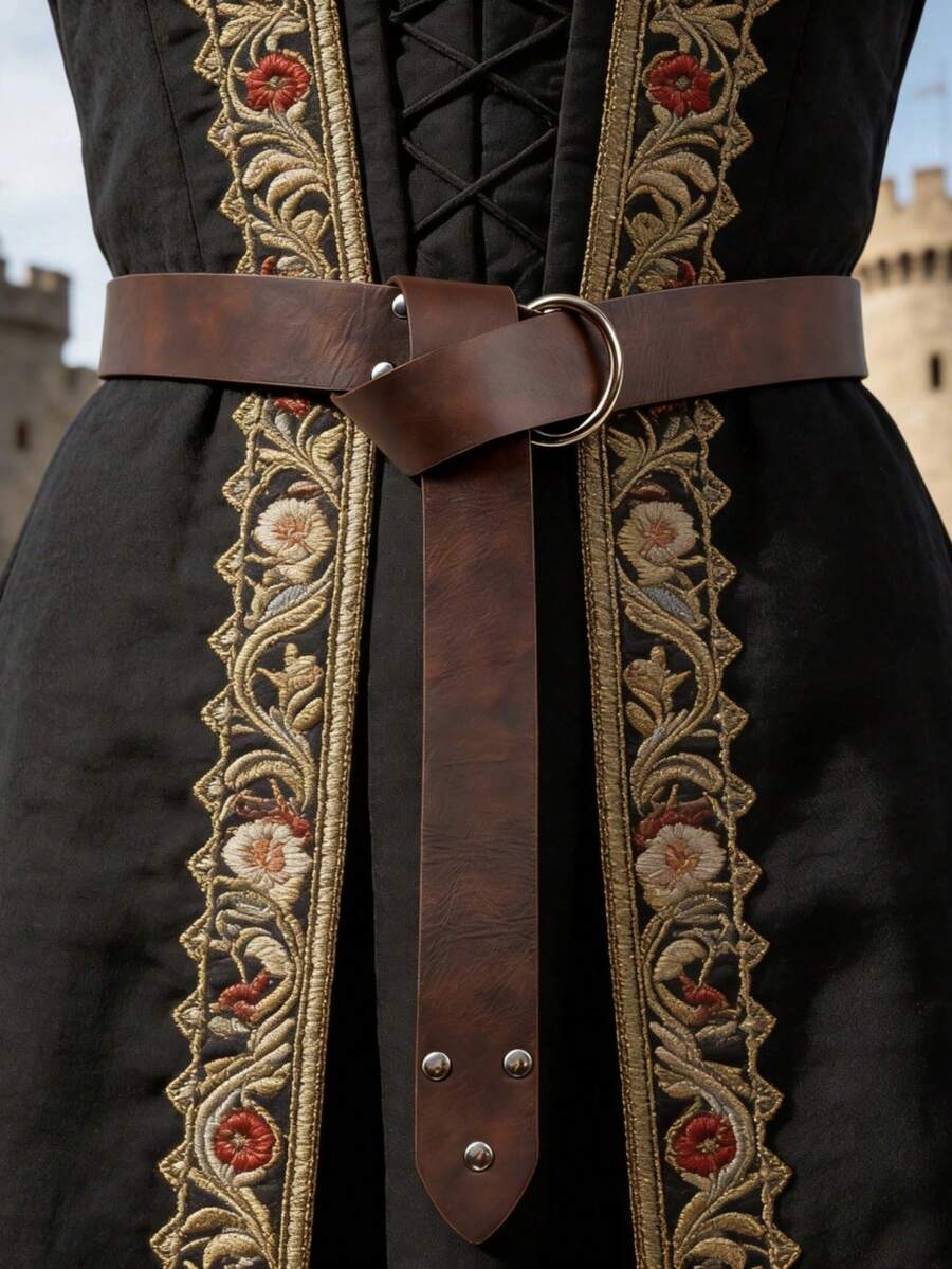 1条中世纪风格金属扣皮带 - 复古棕/黑色PU皮革男女通用皮带，适合LARP、角色扮演、历史重演和维京服饰（手工制作，可调节） - 彩色 - 查看 1