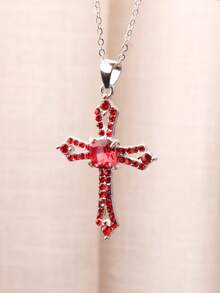 1 pieza Collar con cruz completamente cubierta de rhinestones rojos, collar para mujer - Rojo - Ver 3