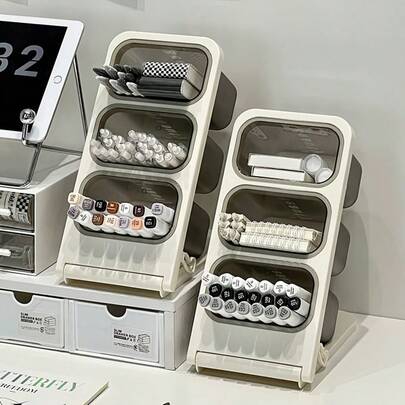 1pc Large Capacity Desktop Storage Rack And Slanted Pencil Holder, Multifunctional Stationery Storage Box For School Office Supplies, Pencil Holder With Compartments, Space Saving Desktop Storage Box For Students, Teachers, And Professionals