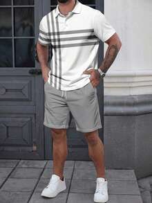 Men's Striped Print Short Sleeve Polo Shirt And Shorts Set, Casual Everyday - Multicolor - View 1