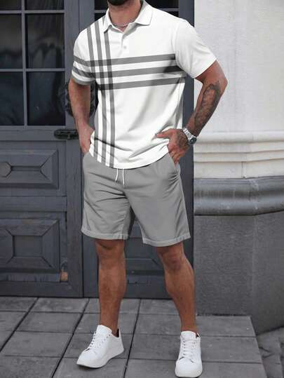 Men's Striped Print Short Sleeve Polo Shirt And Shorts Set