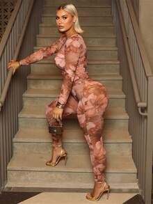 Women's Valentine Sexy Spice Two-Piece Set Flower Print Crew Neck Top High Waist Hip Trousers - Hồng - Xem 2