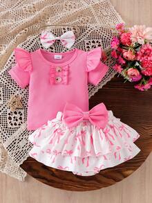 3pcs Baby Girl Princess Style Set: Ruffled Trim Button Decor Cap Sleeve Pink T-Shirt, Butterfly Print Double-Layer Cake Skirt With Bow Decor, And Bow Headband - Pink - View 2