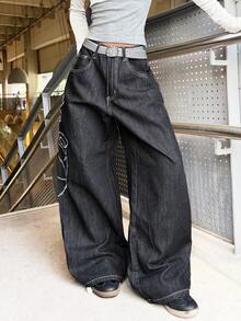 1 chiếc quần jeans nữ ống rộng thoải mái, phong cách đường phố Mỹ cổ điển, thêu họa tiết, đa năng (Không bao gồm thắt lưng/phụ kiện) màu đen, thích hợp mặc mùa xuân. - màu đen - Xem 2