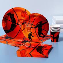 1 Set Basketball Dunk Paper Plates, Napkins, Cups Party Supplies, Serves 8 Guests, Disposable Paper Plates Party Tableware Suitable For Birthday, Wedding, Theme Party, Family Picnic - Multicolor - View 3