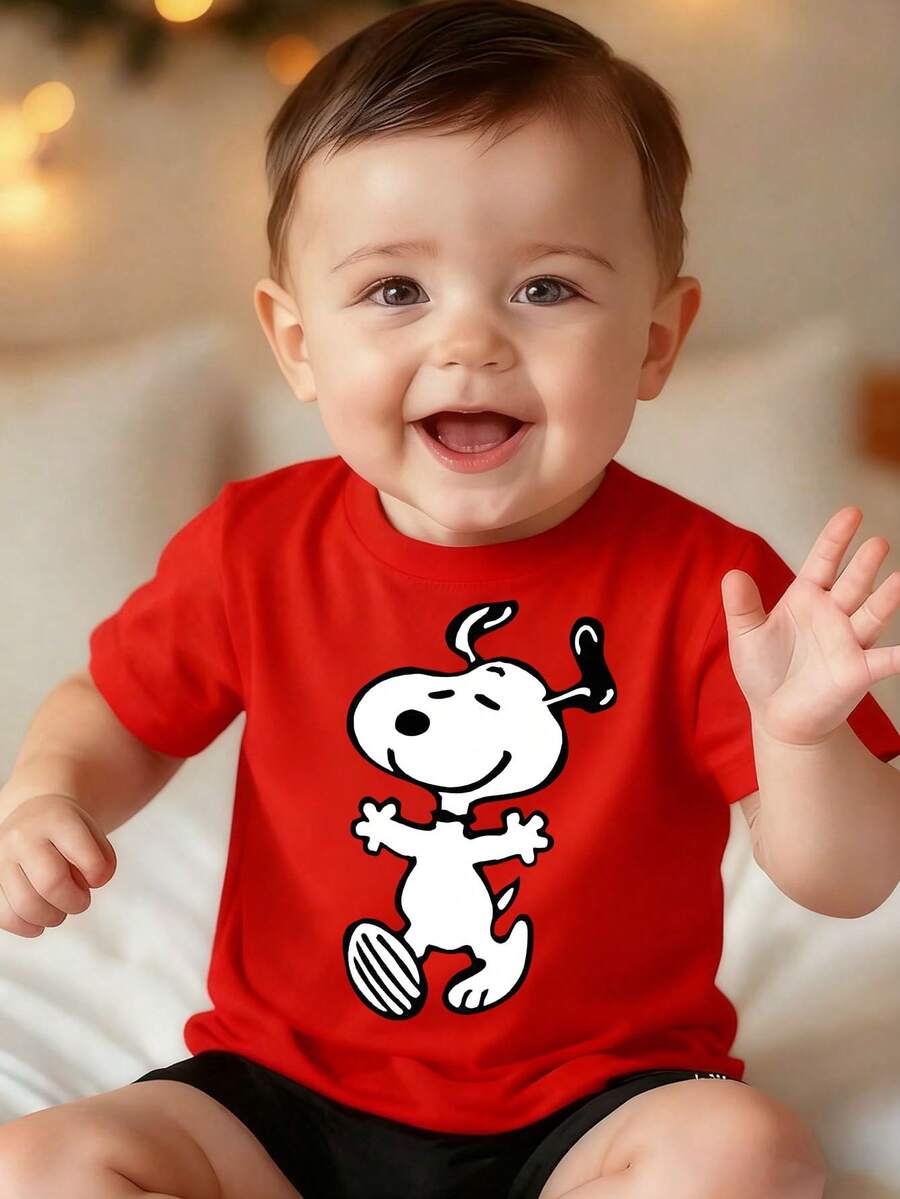 Festive Vibe Snoopy Infant T-Shirt, Red Base Loose Short Sleeve, Jumping Cartoon Print Versatile Top - 紅色 - 查看 1