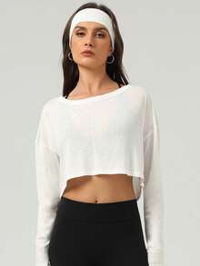 女士宽松露背交叉设计短款长袖休闲瑜伽罩衫，夏季运动 - 白色 - 查看 6