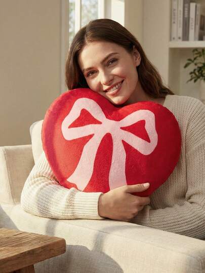1个毛绒心形抱枕，蝴蝶结印花，适合女生宿舍、情人节、开学季、营造情人节氛围、学校床上用品、宿舍装饰、客厅沙发、卧室床头板，柔软舒适，绝佳情人节礼物，红色