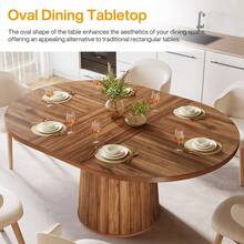 Tribesigns Oval Dining Table For 6 People, 55.11 Inch Farmhouse Wood Dining Table, Rustic Kitchen Table With Wooden Tabletop And Cylindrical Base For Dining Room (Brown) - 棕色 - 查看 5