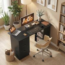 HOMCOM Computer Desk, Writing Table, PC Workstation With 3 Storage Shelves And Drawers, Silver Handle, For Home Office, White - Negro - Ver 7