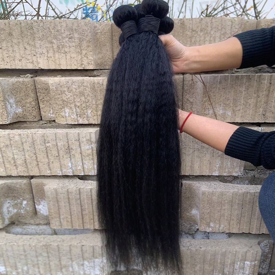 BINF 10A Grade 8-30 Inch Kinky Straight Human Hair Bundles Valentine's Day Gift For Ladies Wedding & Beach Vacation Yaki Straight Natural Black Kinky Straight For Wedding - Natural Black - 查看 1