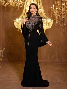 UNITHORSE 女士立领长袖修身亚麻晚礼服 - 黑色 - 查看 4