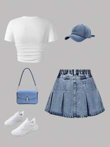 Youth Girl Cartoon Print Short Sleeve Top And Denim Skirt Set - White - View 3